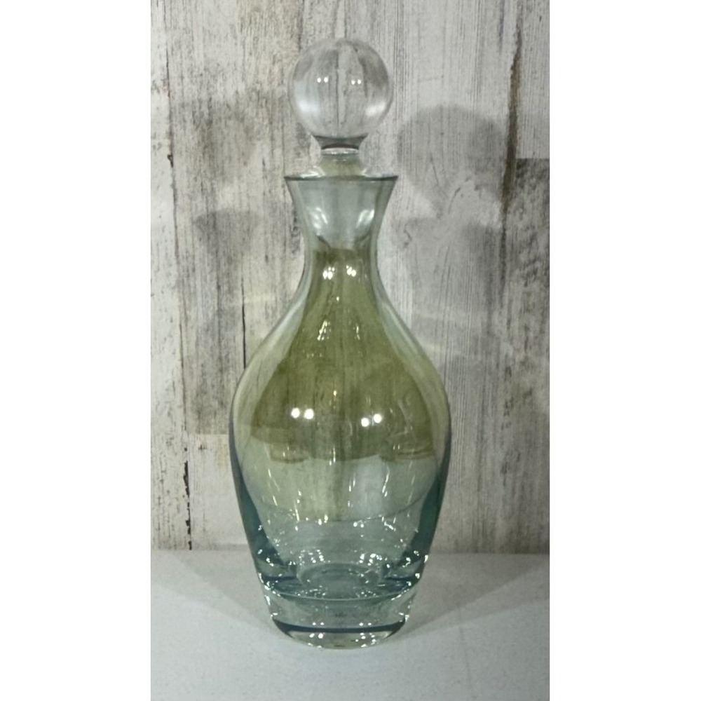 Krosno Poland Art Glass Decanter Green with Clear Ball Stopper Barware Scandi